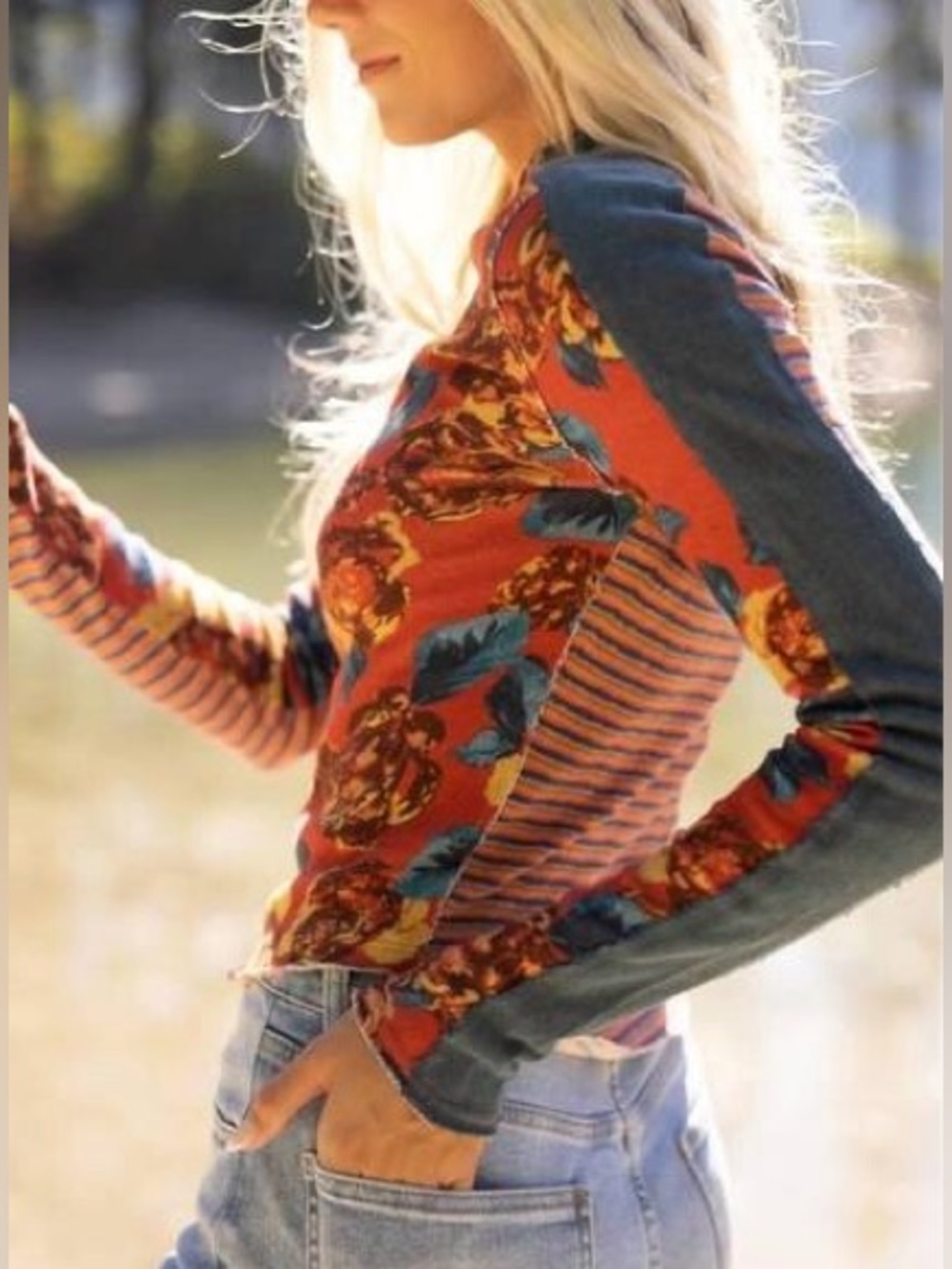 WE THE FREE Mash Up cotton lightweight long sleeve raw hem boho eclectic fun - Picture 2 of 8